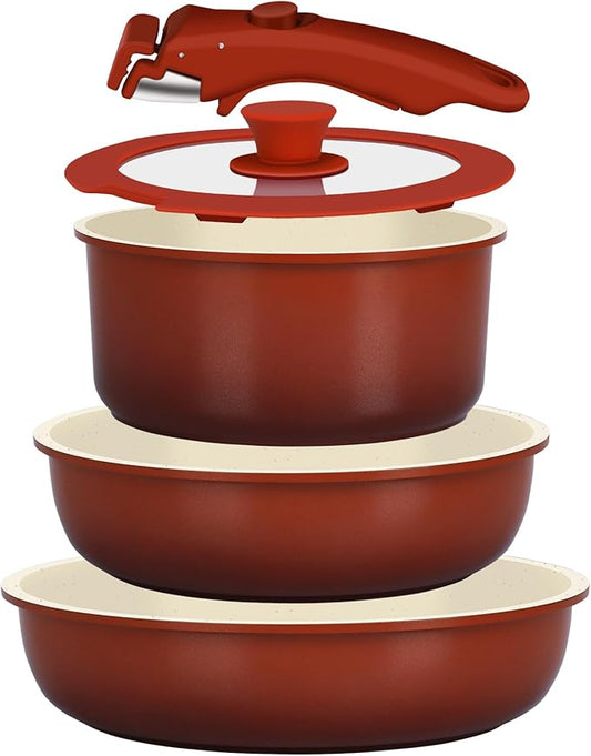 GiPP 5PCS Pots and Pans Set Non Stick, Nonstick Cookware Set Detachable Handle, Ceramic Pots for Cooking Non Stick with Removable Handle, RV Cookware Set for All Stoves, Red Black Gradien