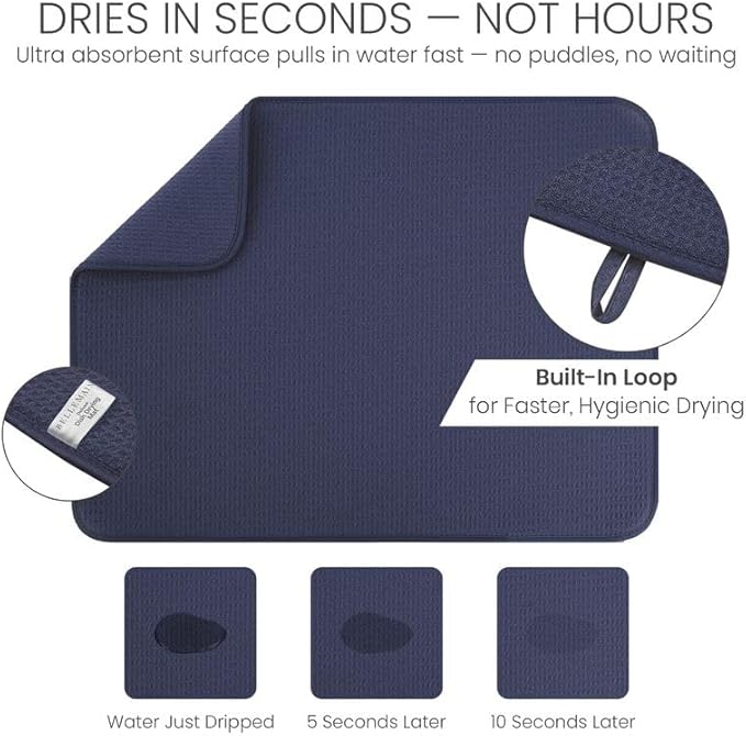 Bellemain XL Dish Mat Microfiber Dish Drying Mat, Super absorbent (Navy, 17" x 24") - Image 3