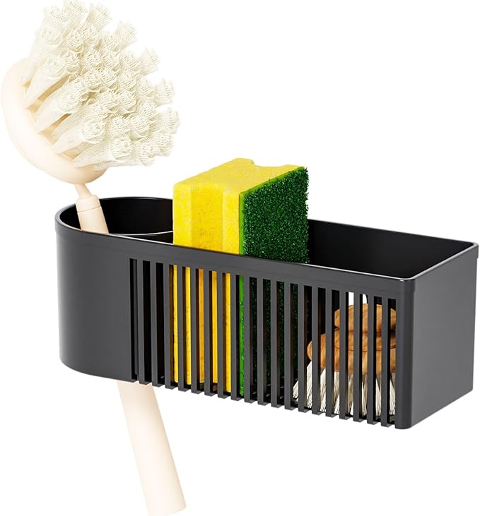 SuoXing Inside Sink Sponge Holder,Black Rustproof Sink Caddy and Scrub Holder for Kitchen Sink with Suction Cup,Adhesive,Plastic Dish Sink Organizer for Scrub Brush,Scrubber,Dish Sponge,Spinge Holder by SuoxingStorage