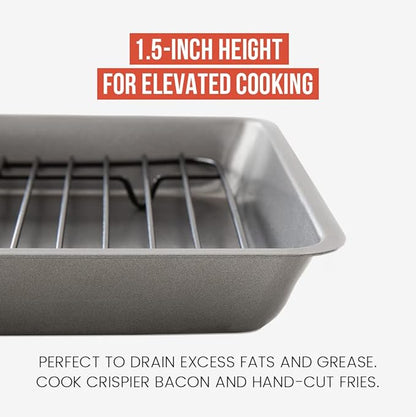 Chef Pomodoro Nonstick Carbon Steel Small Roasting Pan with Rack, Roasting Pan for Countertop Oven Baking, Single Serving, Grey (Mini)