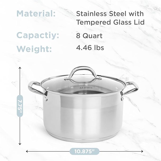 Alpha Living SP-08G Stainless Steel Pot with Capsule Bottom – Induction Compatible 8Qt Pot with Lid – Tri-Ply Ultra-Thick Bottom – Ideal for Spaghetti, Cooking, Canning, Boiling - Image 2