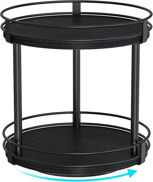 Snughome Lazy Susan Spice Rack, 2 Tier Rotating Spice Rack, Wood Lazy Susan Organizer for Cabinet, Black Kitchen Counter Shelf, 10.2" x 10.2" x 10.4" by Snughome