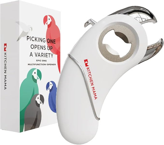 Kitchen Mama Epic One Multifunction Opener: A Pick Ergonomic Opener- Magnetic Bottle Opener, Beer & Soda Can Opener, Pull Tab & Jar Opener for Weak Hands and Arthritis (White)