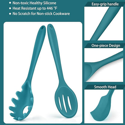 P&P CHEF Silicone Cooking Utensils Set of 7, Heat-proof Kitchen Utensils Set for Nonstick Cookware, Non-stick Spatula, Slotted Turner, Soup Ladle, Pasta Server, Spoon for Cooking Serving - Blue - Image 3
