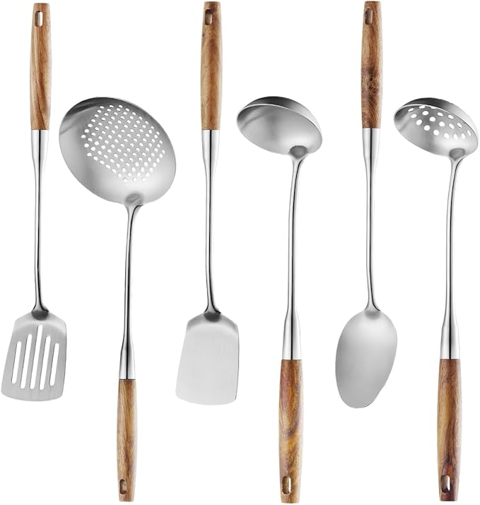 6 Pcs Cooking Utensils Set 304 Stainlss Steel Kitchen Utensils Set Heat Resistant Wooden Handle Kitchen Tools Metal Kitchen Utensil Soup Ladle Set, Dishwasher Safe by Lazycorner