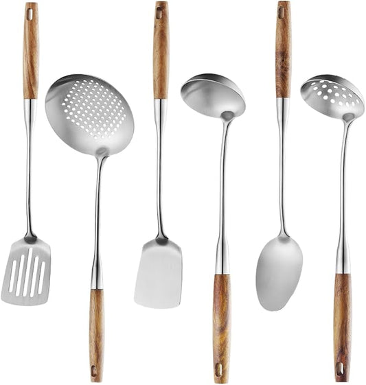 6 Pcs Cooking Utensils Set 304 Stainlss Steel Kitchen Utensils Set Heat Resistant Wooden Handle Kitchen Tools Metal Kitchen Utensil Soup Ladle Set, Dishwasher Safe by Lazycorner