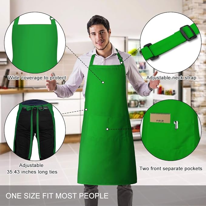 Jubatus 2 Pack Bib Aprons with 2 Pockets Cooking Chef Kitchen Apron for Women Men, Green - Image 2
