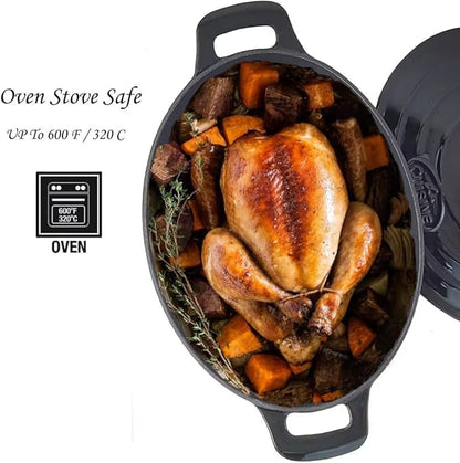 La Cuisine Enameled Cast Iron Oval Dutch Oven Casserole 6.75 QT 33x25x16cm Matt Black Enamel Coating Interior, Glossy Black Exterior, Oven Safe, Induction Cooktop Compatible