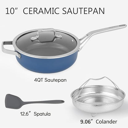10-Inch Ceramic Non-Stick Cookware Set, 8-in-1 Multifunctional Cookware, Interior & Exterior Ceramic Coating, PFAS/PTFE/PFOA-Free, Compatible with All Stovetops， Oven-Safe up to 450°F