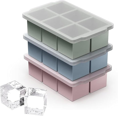 VLM 3 Packs Large Ice Cube Molds with Stackable Lid,Silicone Ice Cube Tray for Freezer,Big Square Ice Tray for Whiskey,Cocktails,Bourbon and Soups (Neutral) by VLM