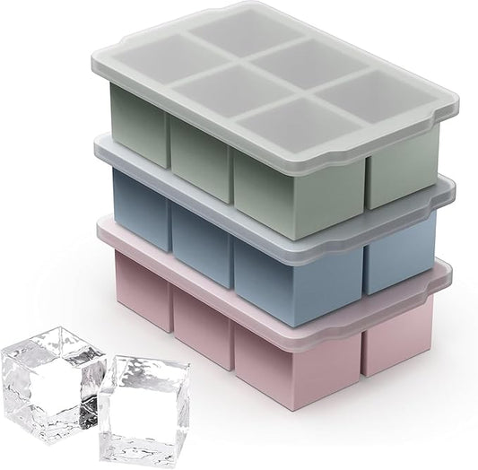 VLM 3 Packs Large Ice Cube Molds with Stackable Lid,Silicone Ice Cube Tray for Freezer,Big Square Ice Tray for Whiskey,Cocktails,Bourbon and Soups (Neutral) by VLM