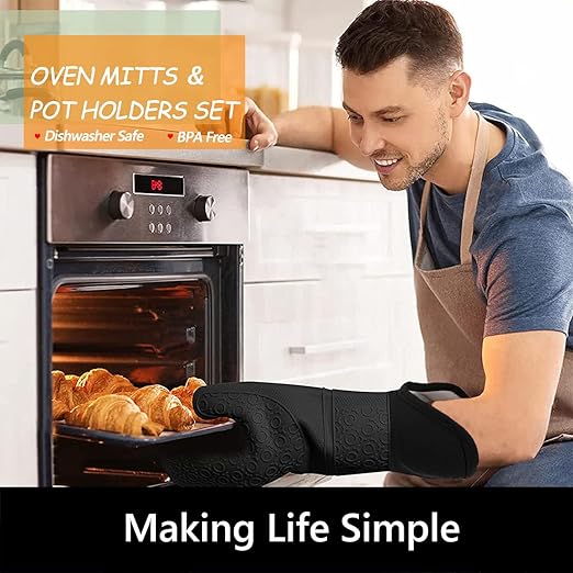 Silicone Oven Mitts and Pot Holders Sets, MTZRFLL Extra Long Heat Resistant Oven Gloves with Hot Pads and Mini Oven Mits Set for Kitchen Baking Cooking, Soft Quilted Lining, Pack of 6 (Black) - Image 2