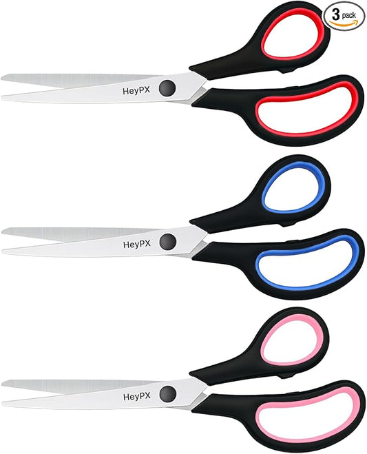 3-Pack 8.5" Ultra Sharp Stainless Steel Scissors - Premium All Purpose for Office, Crafts, Sewing, Home & School | Comfort-Grip Ambidextrous (Left & Right Handed)