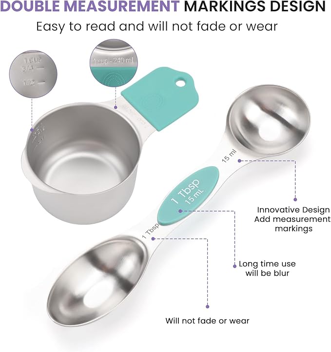 Magnetic Measuring Cups and Spoons Set-Heavy Duty 304 Stainless Steel，Double Measurement Markings，Set of 16 with Leveler for Measure Dry and Liquid Ingredients - Image 4