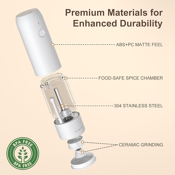 Ultrean Electric Pepper Grinder, Rechargeable Salt and Pepper Grinder with 6 Adjustable Coarseness, LED Light, Automatic Grinder for Kitchen, Kitchen Gadget & Housewarming Gifts, White - Image 5