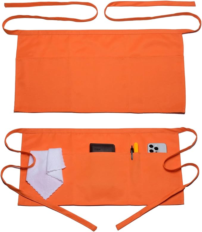 Argstar 2 Pack Server Apron with 4 Pockets, Waitress Waiter Waist WaterDrop Resistant Short Aprons