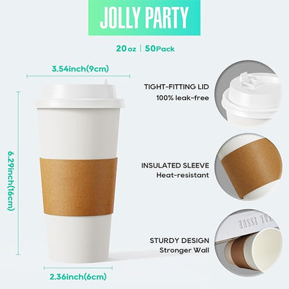 JOLLY PARTY [50 Pack] 20 oz Paper Coffee Cups, Disposable Paper Coffee Cup with Lids, Sleeves, and Stirrers, Hot/Cold Beverage Drinking Cup for Water, Juice or Tea, Suitable for Home, Shops and Cafes - Image 2