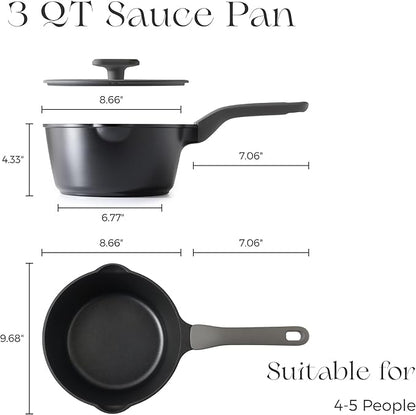 PRICUSIS Ceramic Nonstick Saucepan with Lid, 3 Quart Non Toxic Pot with Pour Spouts, Full Coated, 100% Dishwasher Safe, Induction Compatible & Oven Safe, PFOS & PFOA Free, Black Sesame - Image 2