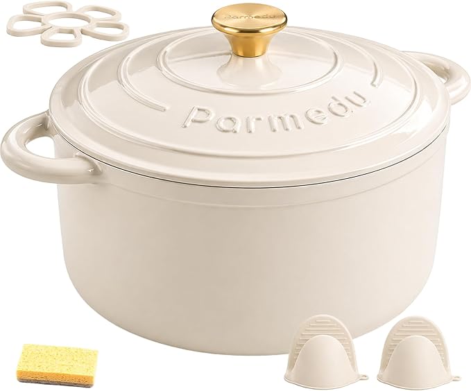 Parmedu 5.5QT Enameled Cast Iron Dutch Oven for Sourdough Bread Baking, Easy Cleaning, Versatile for Stewing, Roasting, Braised Chicken, Soup & More by Parmedu