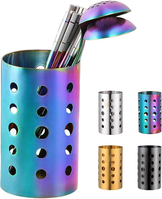 QRU Kitchen Utensil Holder for Countertop (H6.7” x W4.1”), Stainless Steel Cooking Utensil Caddy for Tools, Spatulas, Spoons, Silverware & More, Cooking Utensil Organizer, Kitchen Decor (Rainbow)