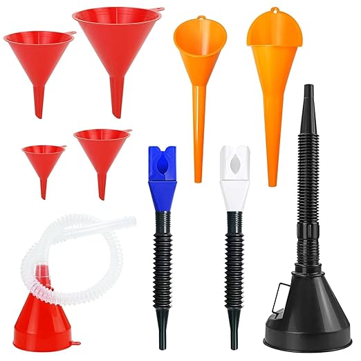 10 PCS Funnels for Automotive Use，Automotive Funnel Set with Wide Mouth Long Neck Hose, Flexible Oil Transmission Fuel Funnel Kit for Oil Change