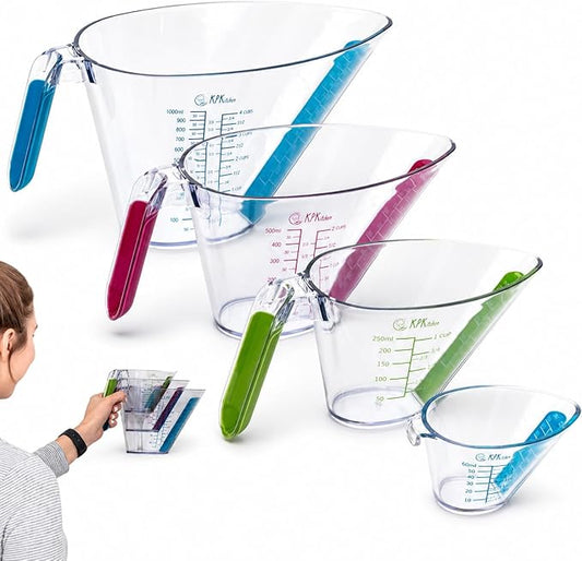 KPKitchen 4-Piece Angled Liquid Measuring Cups Plastic Set - BPA-Free Mini Oz, 1, 2 and 4 Plastic Measuring Cup Sizes - Measuring Cups For Liquids with ML & Cups Measures - Small & Large Measure Cup by KPKitchen