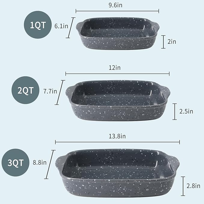 Ceramic Bakeware Dish Set of 3, Rectangular Baking Casserole for Oven,High Heat Resistant,Lasagna Pan Deep with Handles,Handcraft Speckle Series (13.8''/12''/9.6''Grey) - Image 2