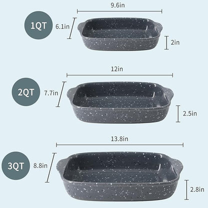 Ceramic Bakeware Dish Set of 3, Rectangular Baking Casserole for Oven,High Heat Resistant,Lasagna Pan Deep with Handles,Handcraft Speckle Series (13.8''/12''/9.6''Grey) - Image 2