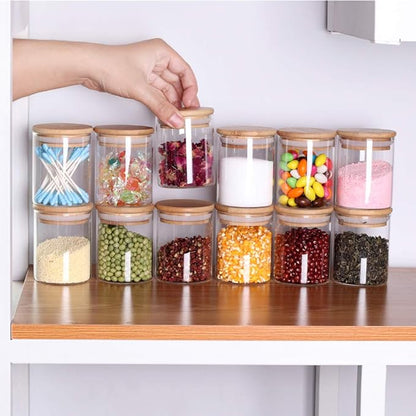 Tzerotone Glass Jars Set,Upgrade Spice Jars with Wood Airtight Lids and Labels, 6oz 12 Piece Small Food Storage Containers for Home Kitchen, Tea, Herbs, Sugar, Salt, Coffee, Flour, Herbs, Grains… - Image 2