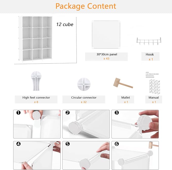 AWTATOS Cube Storage Organizer Storage 12 Cube Bookshelf DIY Plastic Closet Clothes Storage Shelves with Wooden Mallet, Stackable Storage Solution for Home, Bedroom, White - Image 7