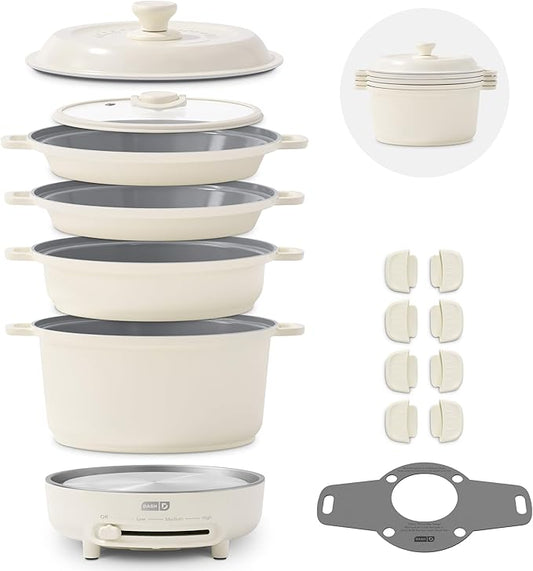 Dash Stacks Stacking Cookware Set with Electric Burner - Features CleanCoating™ Ceramic Nonstick Coating - Versatile, Nestable Pieces - Convenient Storage - Cream, 16-Piece
