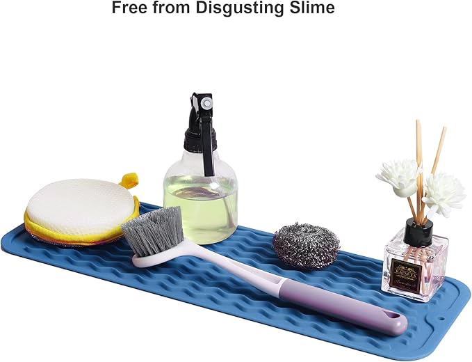 ZLR Silicone Sponge Holder & Sink Caddy Tray (6" x 17") - Narrow Dish Drying Mat for Kitchen Counter - Waterproof Soap Dispenser Organizer, Non-Slip Bathroom Vanity Tray (Lichen Blue) - Image 8