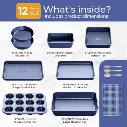 12-Piece Oven Safe Nonstick Bakeware Set with Baking Pan, Cake Pan, Muffin Pan, Loaf Pan, Square Pan, Roasting Pan, Cookie Pan, Cooling Rack & Utensils - Ceramic Coated Blue - Image 2