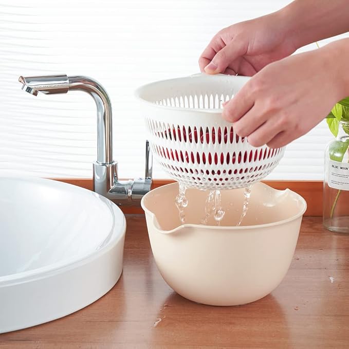 2 in 1 Kitchen Colander Set with Bowl Strainer (2 Sets 2.5 Qt),BPA Free Plastic Fruits and Vegetable Washing Basket,Dishwasher Friendly Double Layered Drain Basin,for Pasta Salad Berry Cleaning Mixing - Image 3