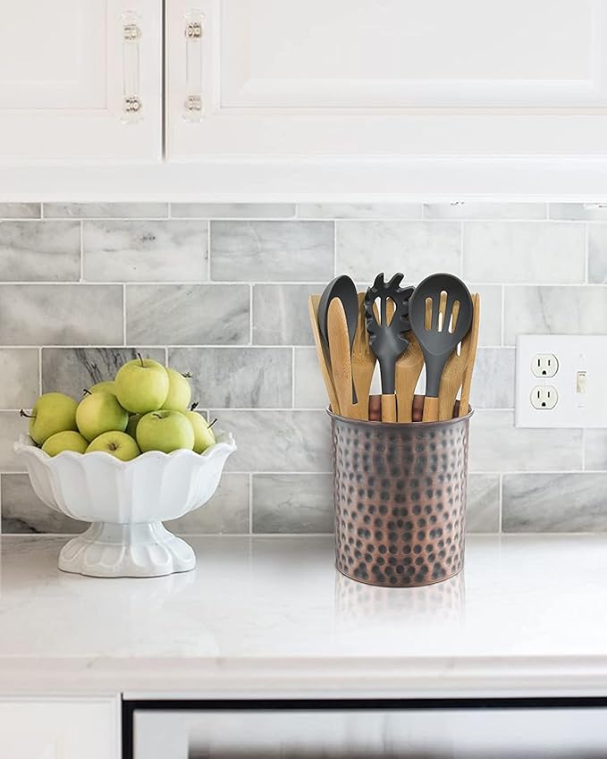 Monarch Abode Kitchen Utensil Holder – Hand Hammered Metal Antique Copper Utensil Holder, Decorative Utensil Crock for Kitchen Counter, Cooking Tool and Spatula Holder for Countertop, Caddy Organizer - Image 3
