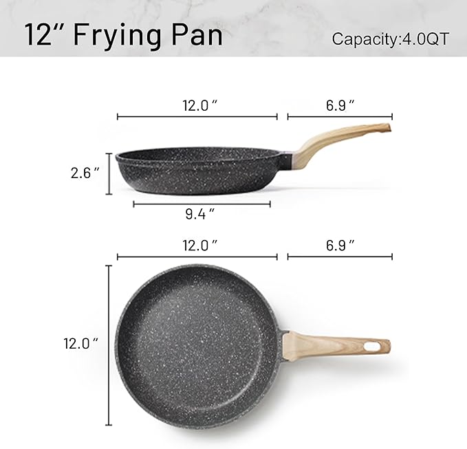 CAROTE Non Stick Frying Pan Skillet, Omelet Pan, Healthy Non Toxic Granite Chef Pan, Induction Compatible Egg Frying Pan with Heat-Resistant Handle, PFOA-Free,Black, 12" - Image 2