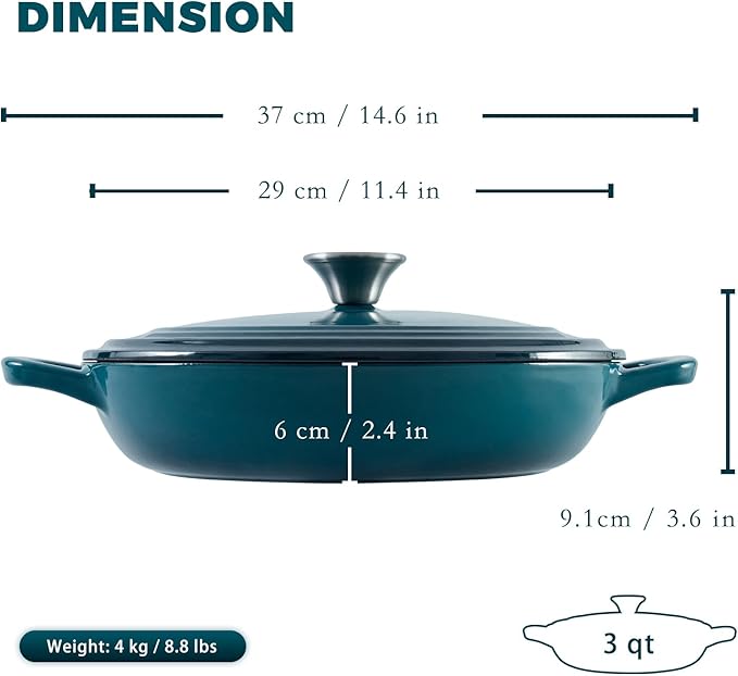 Flavehc Braiser Enameled Cast Iron Braiser 3 qt Braiser Pan with Lid DarkCyan Shallow Cast Iron Casserole Braiser Pan with Handels