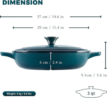 Flavehc Braiser Enameled Cast Iron Braiser 3 qt Braiser Pan with Lid DarkCyan Shallow Cast Iron Casserole Braiser Pan with Handels