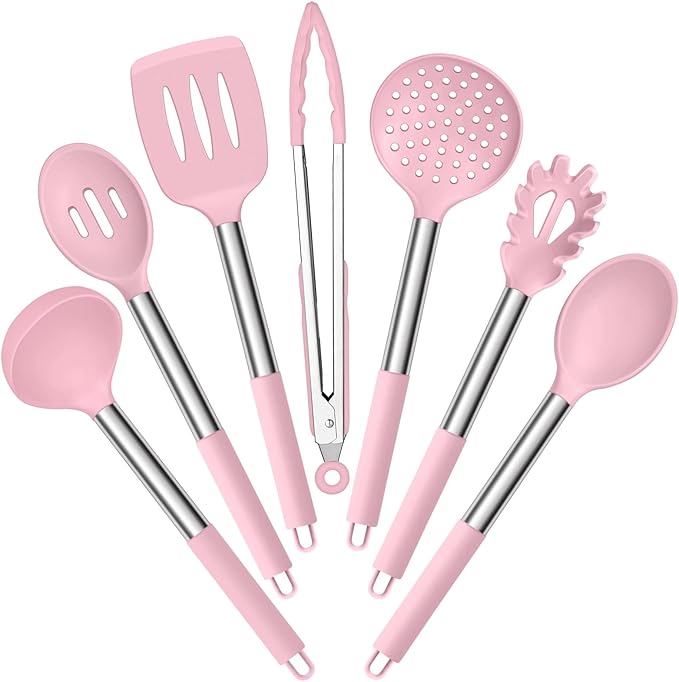 E-far Silicone Cooking Utensils Set, 7 Pcs Heat Resistant Kitchen Utensils with Stainless Steel Handle, Slotted Turner, Spoon, Soup Ladle, Pasta Server, Skimmer, Tongs for Nonstick Cookware, Pink by E-far
