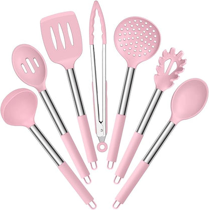 E-far Silicone Cooking Utensils Set, 7 Pcs Heat Resistant Kitchen Utensils with Stainless Steel Handle, Slotted Turner, Spoon, Soup Ladle, Pasta Server, Skimmer, Tongs for Nonstick Cookware, Pink by E-far