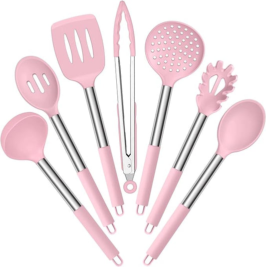 E-far Silicone Cooking Utensils Set, 7 Pcs Heat Resistant Kitchen Utensils with Stainless Steel Handle, Slotted Turner, Spoon, Soup Ladle, Pasta Server, Skimmer, Tongs for Nonstick Cookware, Pink by E-far