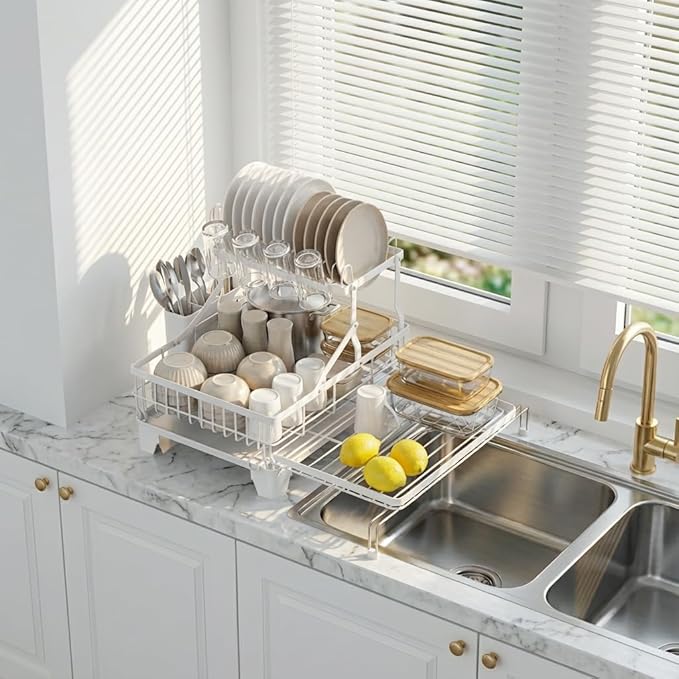 GSlife Large 2 Tier Dish Drying Rack, Expandable Heavy-Duty Dish Rack for Kitchen Counter, Rust-Resistant Dish Drainer with Utensil & Cup Holder, Auto-Drain, 16.9" W x 14.4"-22.4" L, White - Image 9