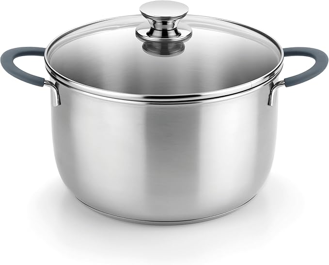 BRA COOKWARE Master Stainless Steel Stock Pot w/Glass Lid | 9.5 Inch 4 Quart Premium 18/10 Cooking Pot | PFAS Free Deep Pot | Silicone Coated Handles | All Cooktops (incl. Induction) | Shiny Finish