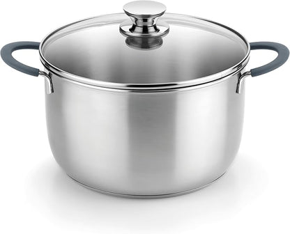 BRA COOKWARE Master Stainless Steel Stock Pot w/Glass Lid | 9.5 Inch 4 Quart Premium 18/10 Cooking Pot | PFAS Free Deep Pot | Silicone Coated Handles | All Cooktops (incl. Induction) | Shiny Finish