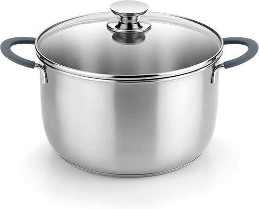 BRA COOKWARE Master Stainless Steel Stock Pot w/Glass Lid | 9.5 Inch 4 Quart Premium 18/10 Cooking Pot | PFAS Free Deep Pot | Silicone Coated Handles | All Cooktops (incl. Induction) | Shiny Finish