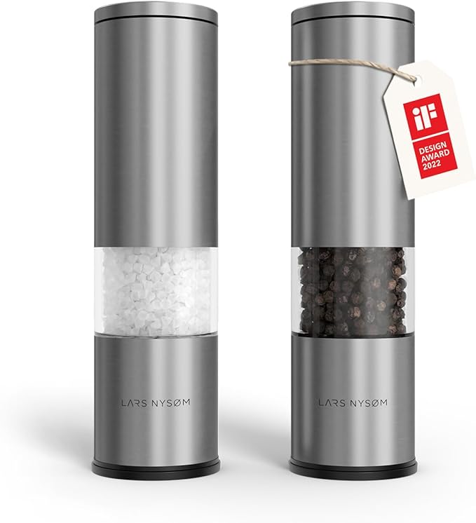 LARS NYSØM Salt and Pepper Grinder Set Manual, Stainless Steel Salt and Pepper Mills with Adjustable Ceramic Grinder I Design Spice Shakers (Stainless Steel) by LN
