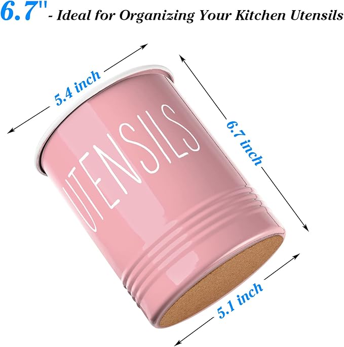 Bivvclaz Kitchen Utensil Holder - 6.7" Utensil Holder for Kitchen Counter - Cooking Utensil Crock with Cork Bottom - Pink Decor and Accessories - Utensil Storage Caddy Organizer - Image 2