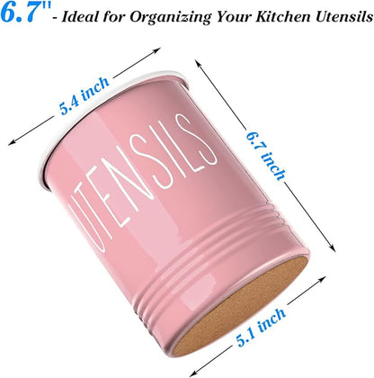 Bivvclaz Kitchen Utensil Holder - 6.7" Utensil Holder for Kitchen Counter - Cooking Utensil Crock with Cork Bottom - Pink Decor and Accessories - Utensil Storage Caddy Organizer - Image 2