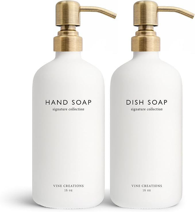 Vine Creations White Glass Soap Dispenser Set, Dish Soap and Hand Soap Dispenser Set with Stainless Steel Pump, 16 oz Glass Dispensers for Kitchen or Bathroom Decor (Matte White Bottle/Brushed Brass) by VineCreations