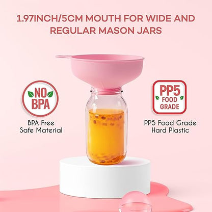Pisol Wide Mouth Versatile Funnel, Canning Funnels for Kitchen Use, Food Grade Plastic Cooking Funnel Set with 4 Size Spouts and 2 Strainers for Filling Different Bottles and Bags, Pink